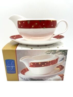 Galaxy by Sakura Red Porcelain Gravy Boat & Underplate 14k Gold Star Accents